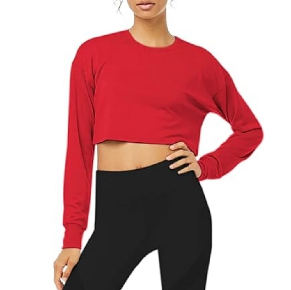 Bestisn Long Sleeve Crop Sweatshirt Top with Thumb Hole Red - Picture 4 of 5